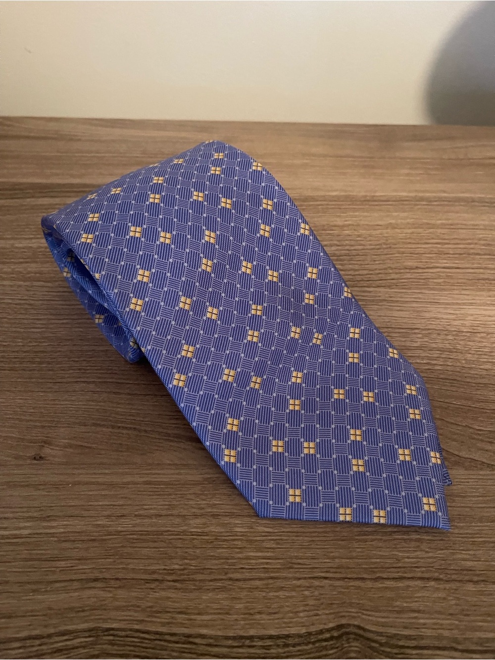 Men's 100% Silk Blue Geometric Tie with Yellow Dot Accents
